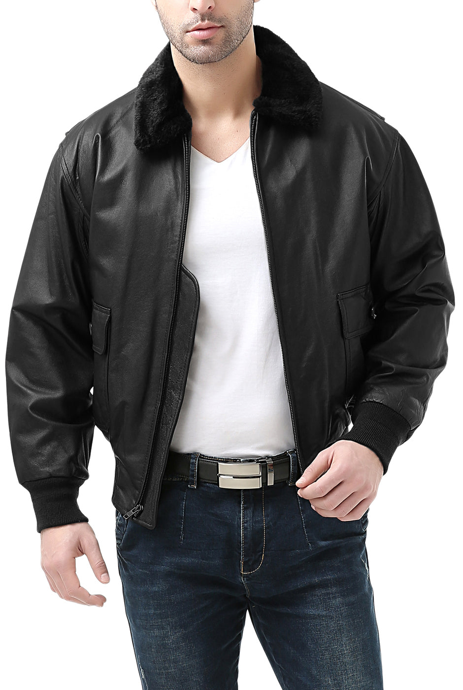 Landing Leathers Men Navy G-1 Leather Flight Bomber Jacket