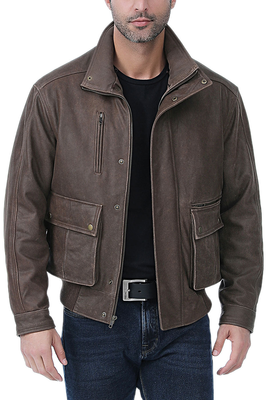 Mens Distressed Brown Leather Bomber Jacket