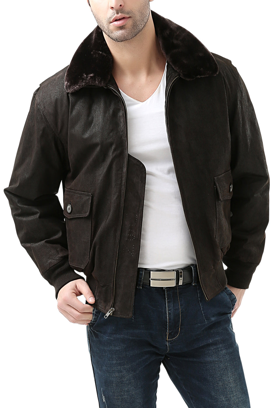 Landing Leathers Men Navy G-1 Distressed Leather Flight Bomber Jacket