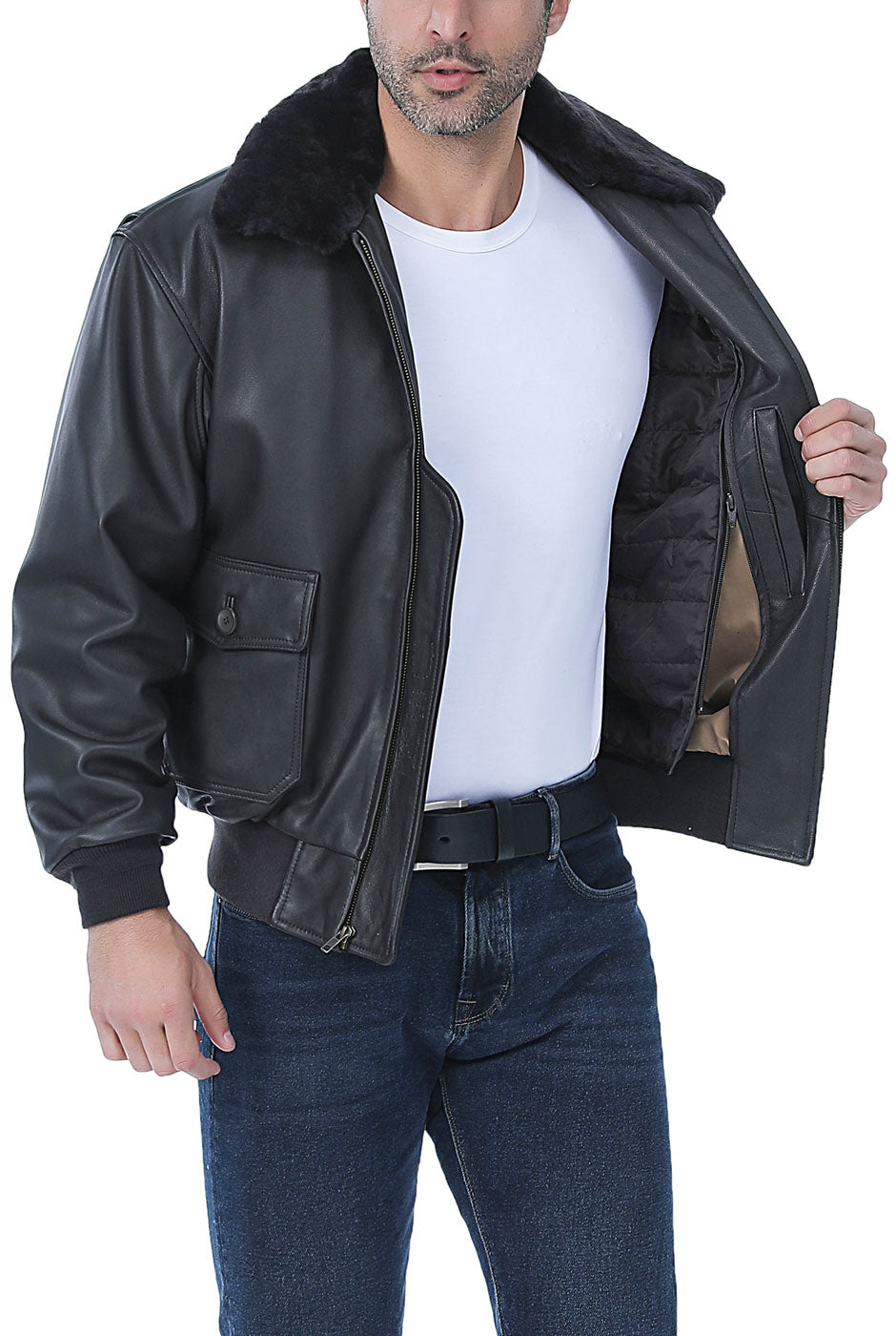 Landing Leathers Men Premium Navy G-1 Goatskin Leather Flight Bomber Jacket