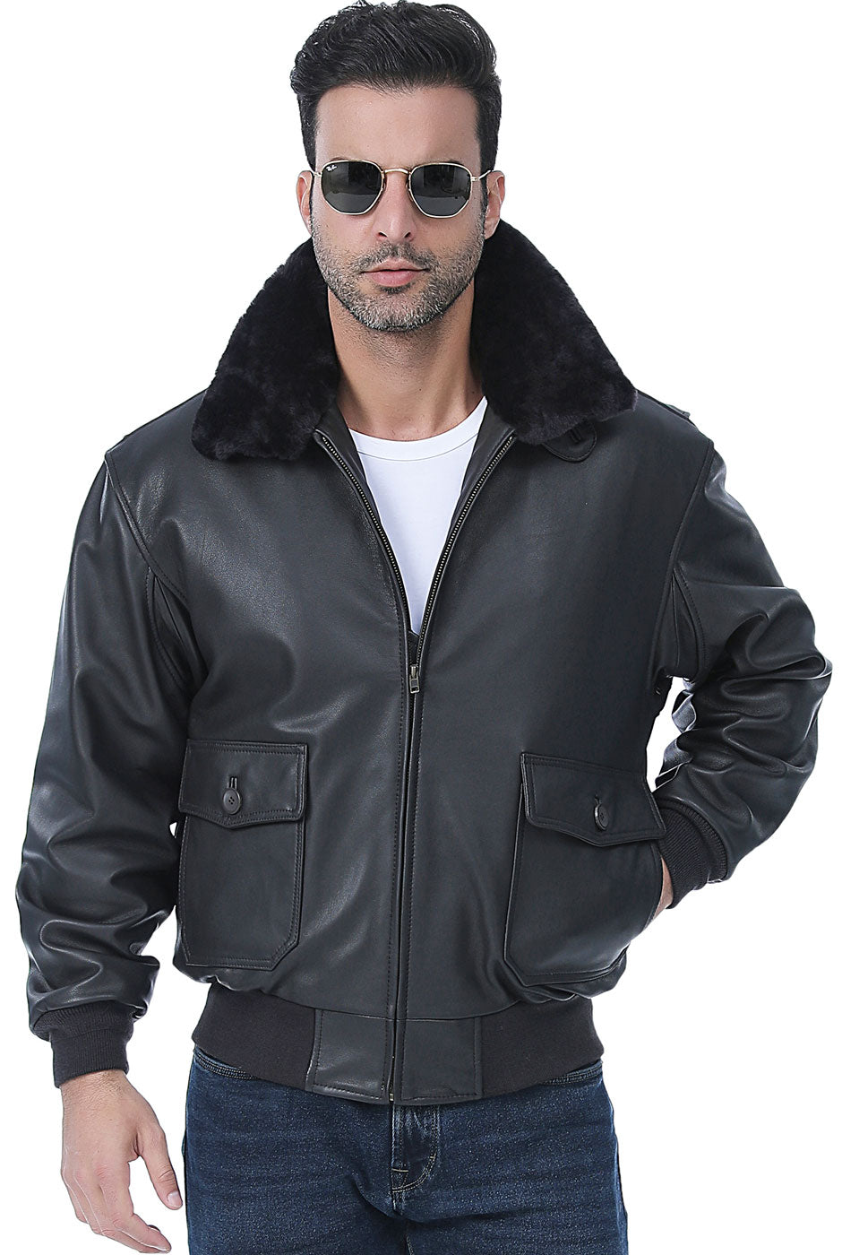 Landing Leathers Men Premium Navy G-1 Goatskin Leather Flight Bomber Jacket