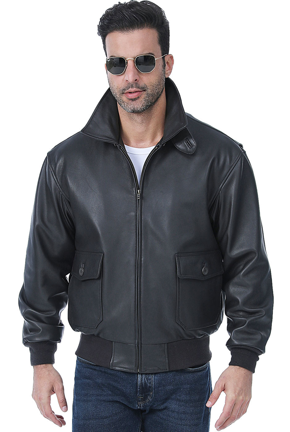 Landing Leathers Men Premium Navy G-1 Goatskin Leather Flight Bomber Jacket