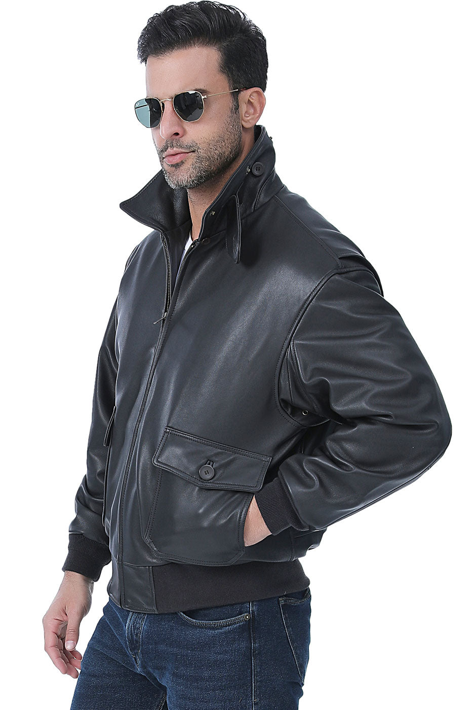 Landing Leathers Men Premium Navy G-1 Goatskin Leather Flight Bomber Jacket