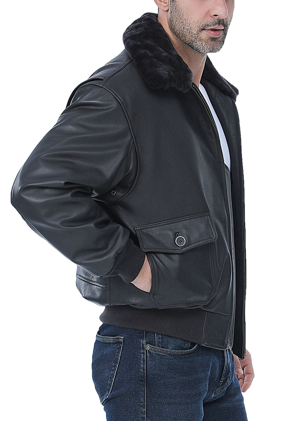 Landing Leathers Men Premium Navy G-1 Goatskin Leather Flight Bomber Jacket