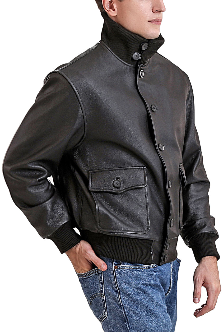 Landing Leathers Men Navy A-1 Leather Flight Bomber Jacket